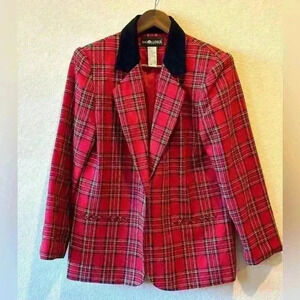 Vtg Sag Harbor Blazer Women’s‎ 8 Red/Black Tarton Plaid Wool Velvet Suit Jacket